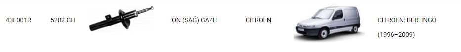 AMORTİSÖR ÖN SAĞ 43F001R PARTNER 1996-2008